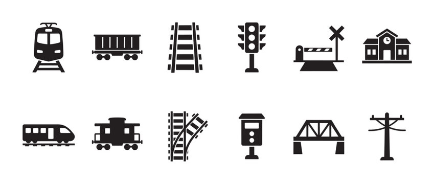 Collection of black silhouette icons representing various railroad elements including trains, tracks, station, signal, crossing, bridge, and utility pole on a white background.