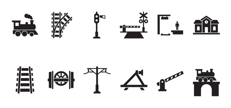 Collection of black and white vector icons representing various elements of train travel and railroad infrastructure for transportation and logistics themes.