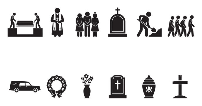 Collection of black and white vector icons depicting funeral services, including a hearse, pallbearers carrying a coffin, a priest, mourners, a tombstone, and burial.