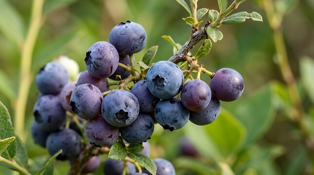 Close-up of a branch laden with ripe, plump blueberries, showcasing their deep blue hue and powdery bloom against a soft, blurred green background