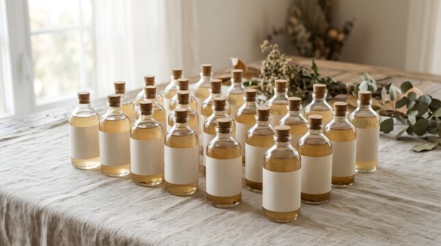 Natural Organic Tinctures in Small Glass Bottles on Rustic Tablecloth with Botanicals
