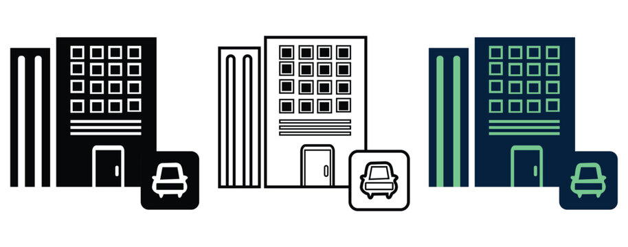 Modern office building with car parking icons set in silhouette, outline, and flat color styles for real estate and corporate business design.
