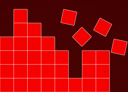 Abstract geometric pattern with falling red square blocks