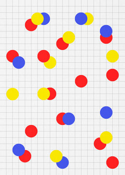 Abstract geometric pattern with overlapping colorful circles on grid