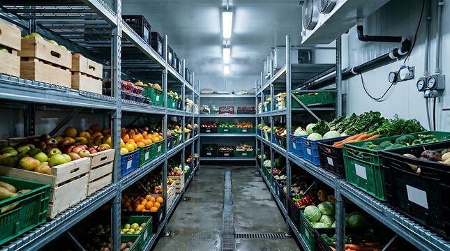 A cold storage room filled with shelves of fresh fruits and vegetables ready for distribution or sale