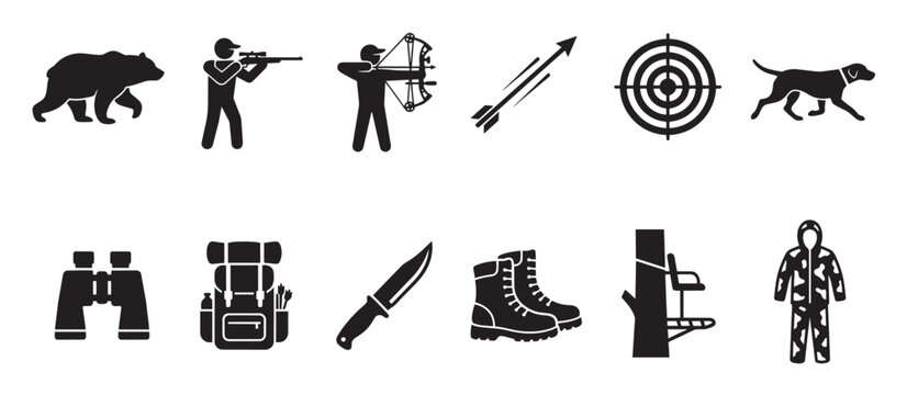 A collection of black and white silhouette icons representing various hunting elements, including animals, gear, and activities, suitable for design projects.