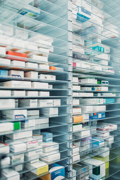 Pharmacy shelf in automated order picking machine indoors