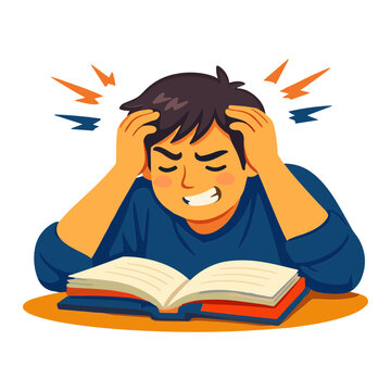 A frustrated person reacts emotionally while reading books at a desk.
