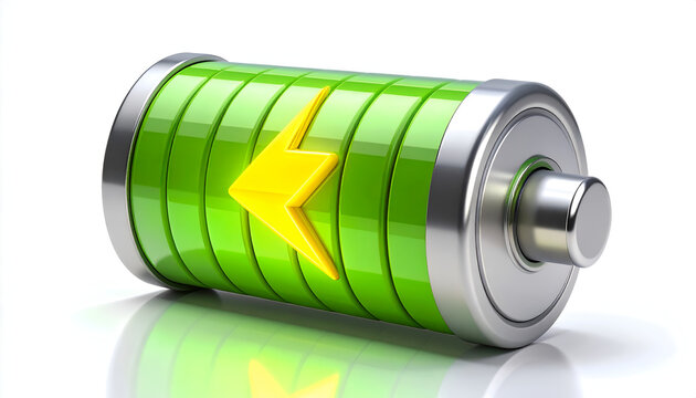 A vibrant, digitally rendered battery icon displays a charging indicator, symbolizing power and energy replenishment against a clean white background.