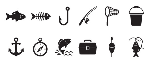 Obraz premium A collection of black silhouette icons representing fishing gear and marine elements, perfect for outdoor activity and sport themes.