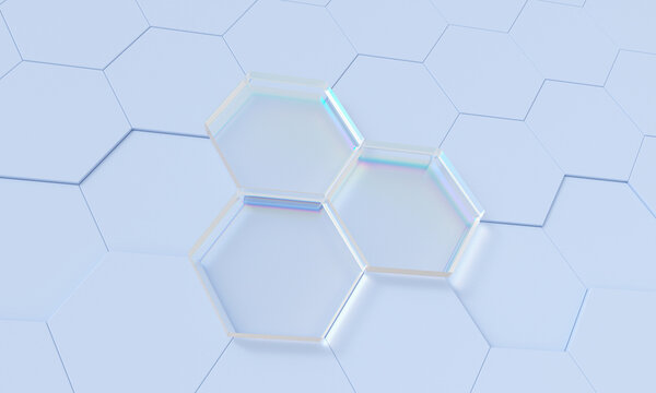 Glass hexagon pattern on abstract blue background