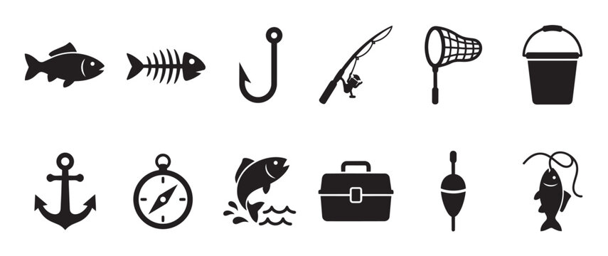 A collection of black silhouette icons representing fishing gear and marine elements, perfect for outdoor activity and sport themes.