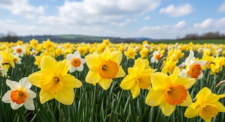 Fototapeta premium Yellow daffodils bloom in a sunny field