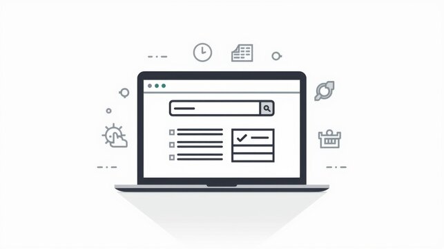 Ultraminimal vector illustration of a laptop with a search engine on the screen surrounded by web icons on a white background representing online search and digital technology