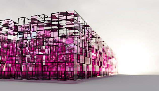 Abstract geometric 3d rendering of a pink transparent glass cube