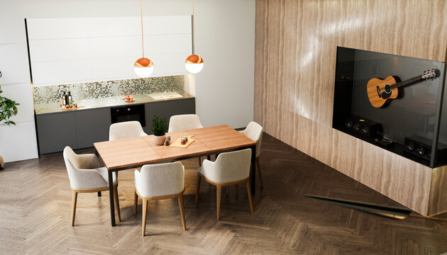 Modern minimalistic open plan apartment with dining room and kitchen