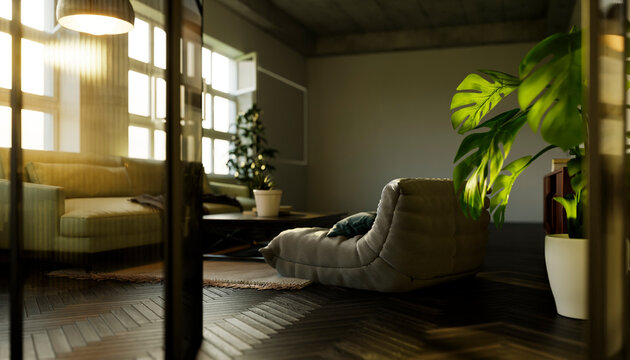 Tranquil modern home interior with armchair and sunlight