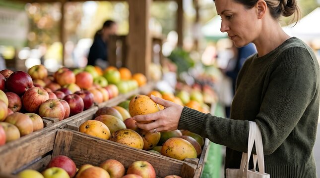 A discerning woman carefully selects fresh, ripe mangoes and apples from a vibrant market stall, embracing a healthy and sustainable lifestyle choice