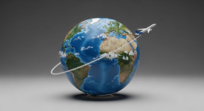 Airplane flying around the Earth globe with contrails