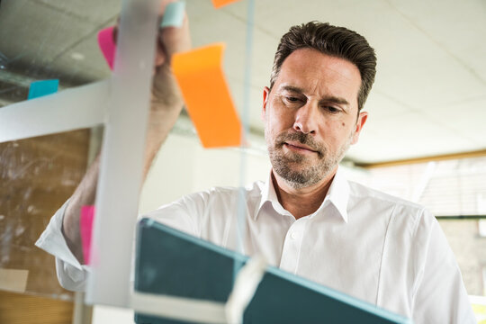 Confident mature businessman using tablet PC with adhesive note on glass at office