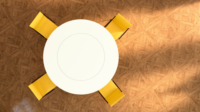 Top view of empty white conference table and yellow chair