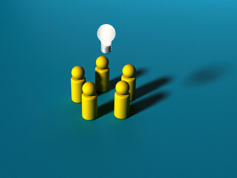 Glowing lightbulb over 3D figures in a circle symbolizing an idea
