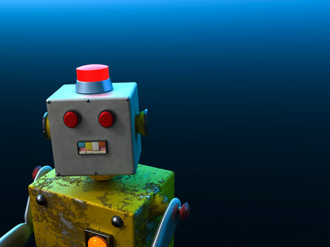 3D rendering of a retro rusty robot toy against a blue background
