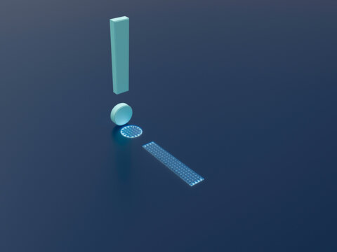 3D rendered exclamation mark with digital shadow on blue background