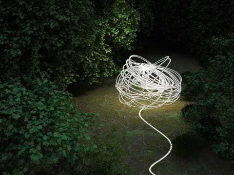 3D rendering of a glowing tangled wire in a dark forest