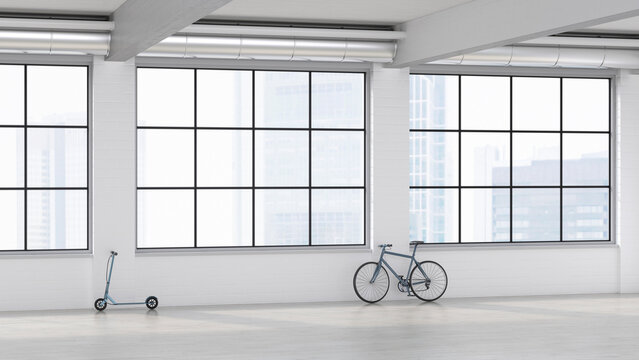 Modern empty loft living room with bicycle and scooter