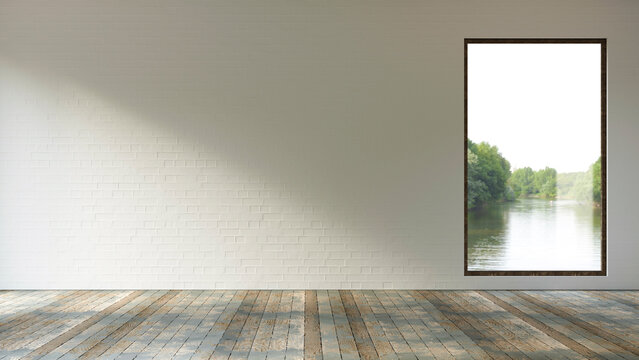 Empty modern room with white brick wall and river view window