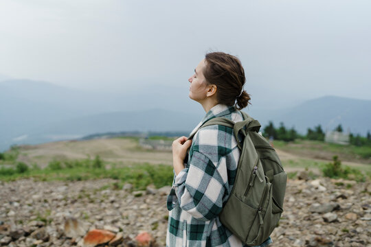 Tourist enjoys nature at Mountain Zelenaya Sheregesh