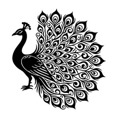 Fototapeta premium Black peacock with fanned tail feathers and eye patterns