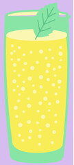Fizzy Yellow Lemonade in Tall Glass with Mint Leaf Vector Illustration. A flat-design vector illustration of a tall glass filled with a bubbly, bright yellow sparkling drink or lemonade. © LYef Studio