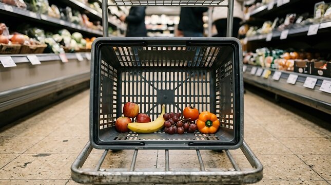 Fresh groceries including apples, bananas, grapes, and bell peppers inside a shopping cart in a supermarket aisle