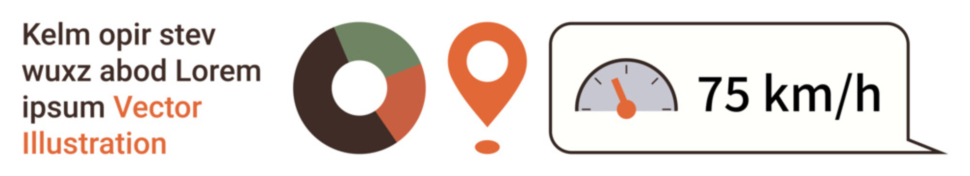 Navigation tools, tracking systems, speed measurement, travel statistics, geolocation data, technology interface. Pin icon, speedometer at 75 kmh graph diagram. Navigation and tracking systems