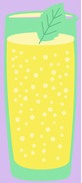 Fizzy Yellow Lemonade in Tall Glass with Mint Leaf Vector Illustration. A flat-design vector illustration of a tall glass filled with a bubbly, bright yellow sparkling drink or lemonade.