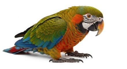 Fototapeta premium Vibrant Harlequin Macaw parrot with colorful feathers, exotic tropical bird with green and orange plumage, majestic macaw wildlife portrait isolated on White Background