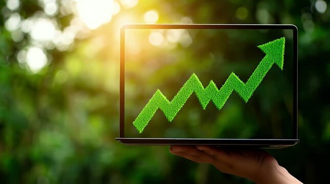 Hand holding a laptop displaying a vibrant green growth chart arrow symbolizing sustainable business success and environmental responsibility in a lush natural setting