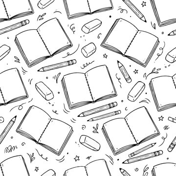 sketch of open books, pencils, and erasers on a white background