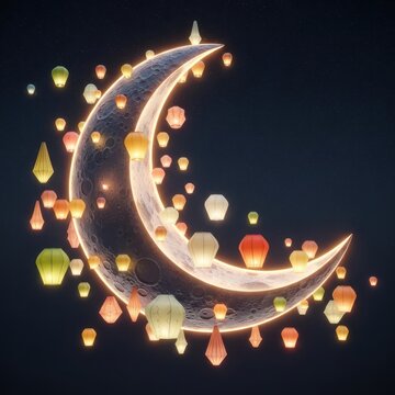 Eid Mubarak: A glowing crescent moon surrounded by colorful lanterns against a starry night sky