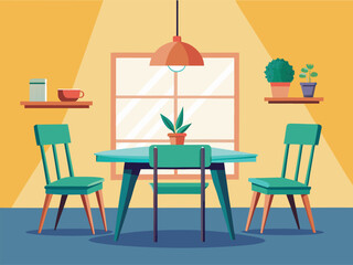 Fototapeta premium Round dining table with chairs in sunny kitchen interior