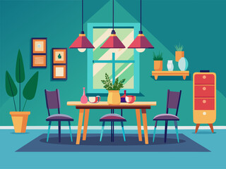 Fototapeta premium Dining table with chairs and pendant lights in teal room
