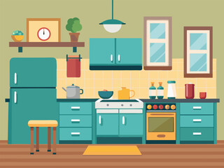 Naklejka premium Kitchen cabinets and appliances arranged in cozy interior