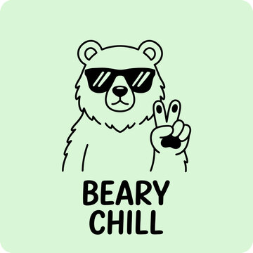 Bear wearing sunglasses giving peace sign.