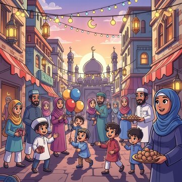 Eid Mubarak celebration on vibrant street with families and festive lights