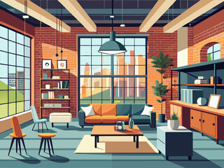 Modern loft living room arranged with furniture and books © VectorCO