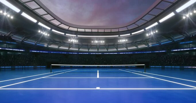 Blue tennis court at a sports arena with shining spotlights and fans ready for the upcoming grand sporting event. Loopable professional sports advertisement video background.