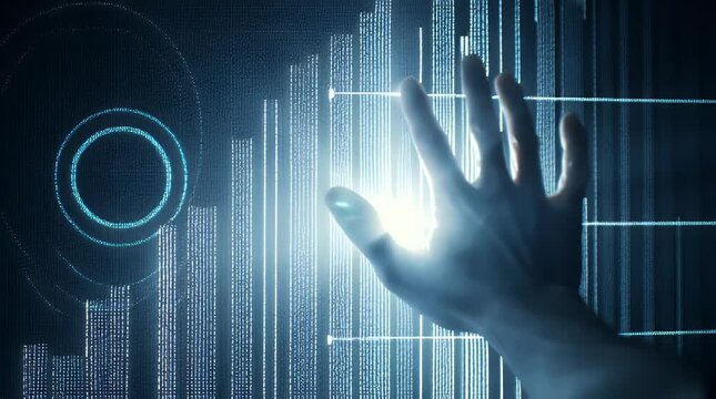 Futuristic digital interface with a hand interacting with data streams and abstract glowing elements symbolizing technology innovation and connectivity in a dark modern setting