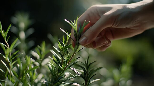 Gentle hand delicately touches a sprig of rosemary showcasing natural beauty and evoking feelings of wellness aromatherapy and organic freshness in soft focus